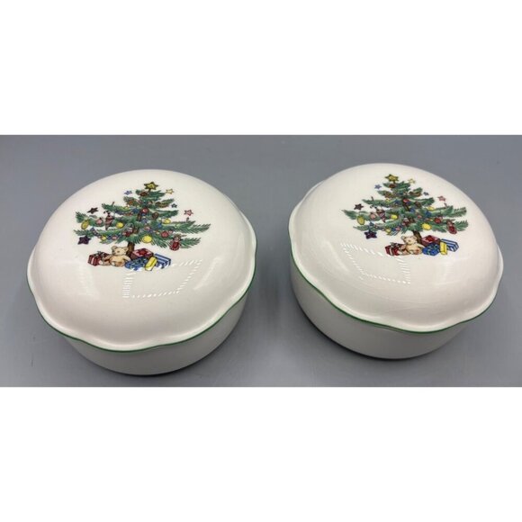 Vtg Nikko Happy Holidays Christmas Tree Lidded Bowls Trinket Dish Porcelain - Picture 1 of 5